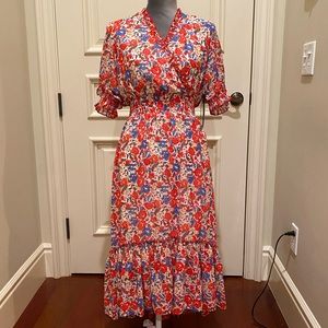 NWT Red White and Blue Floral Summer Midi Dress with Puff Sleeves
